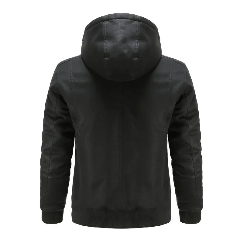 Hooded Mens Leather Jacket Retro Motorcycle Coat Windproof Warm Biker Outwear Male Casual Winter