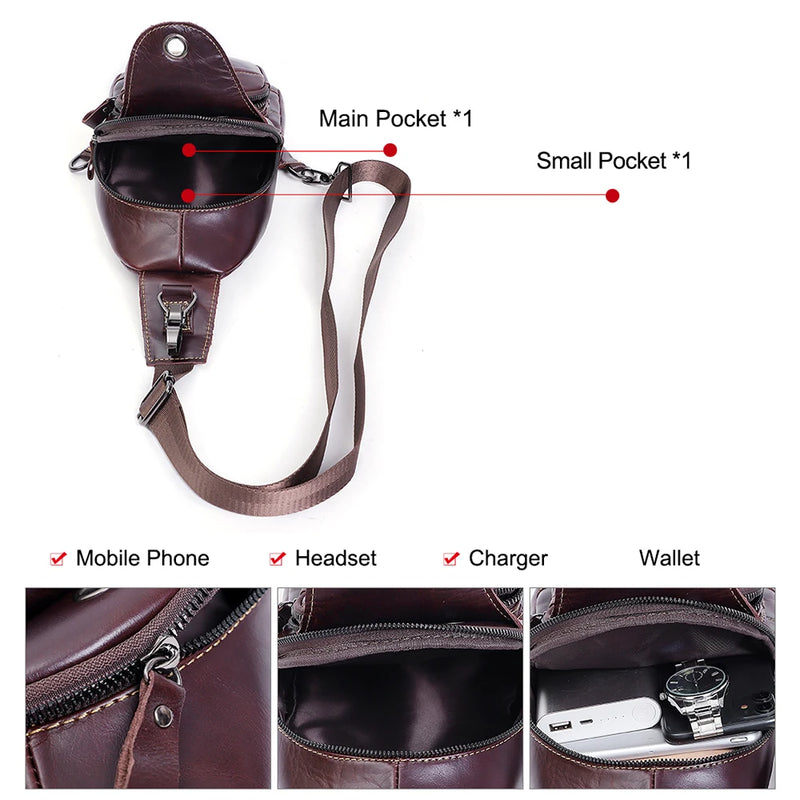 Genuine Leather Men's Shoulder Bag Chest Bag Vintage Casual Sling Bags for Men  Male Chest Pack with with Earphone Hole