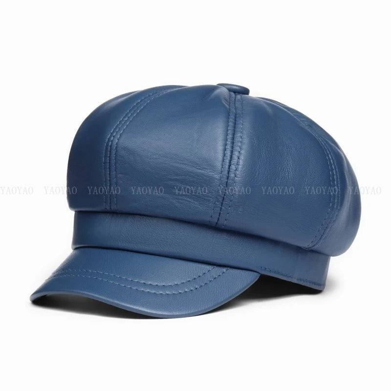Winter Spring Women Hat Genuine Leather Short Brim Caps Dome Beret Hats