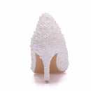 Crystal Queen Pumps High Heels Women Wedding Shoes Lace White Flowers Pearl Bridal
