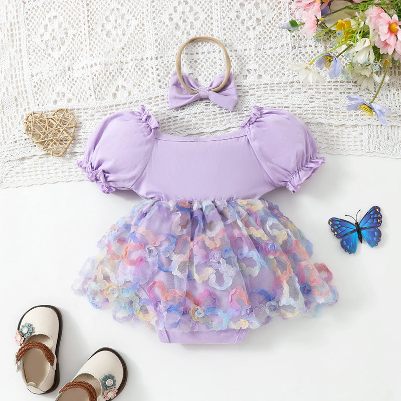 Summer Infant Baby Girl Set Puff Sleeve Flower Bodysuit Dress Bow Headband Outfits Clothes