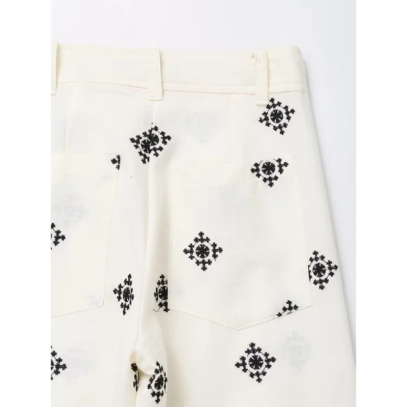 Women Patchwork Embroidery Casual Wide Leg Pants Vintage High Waist Zipper Female Cotton Ankle Length Trousers