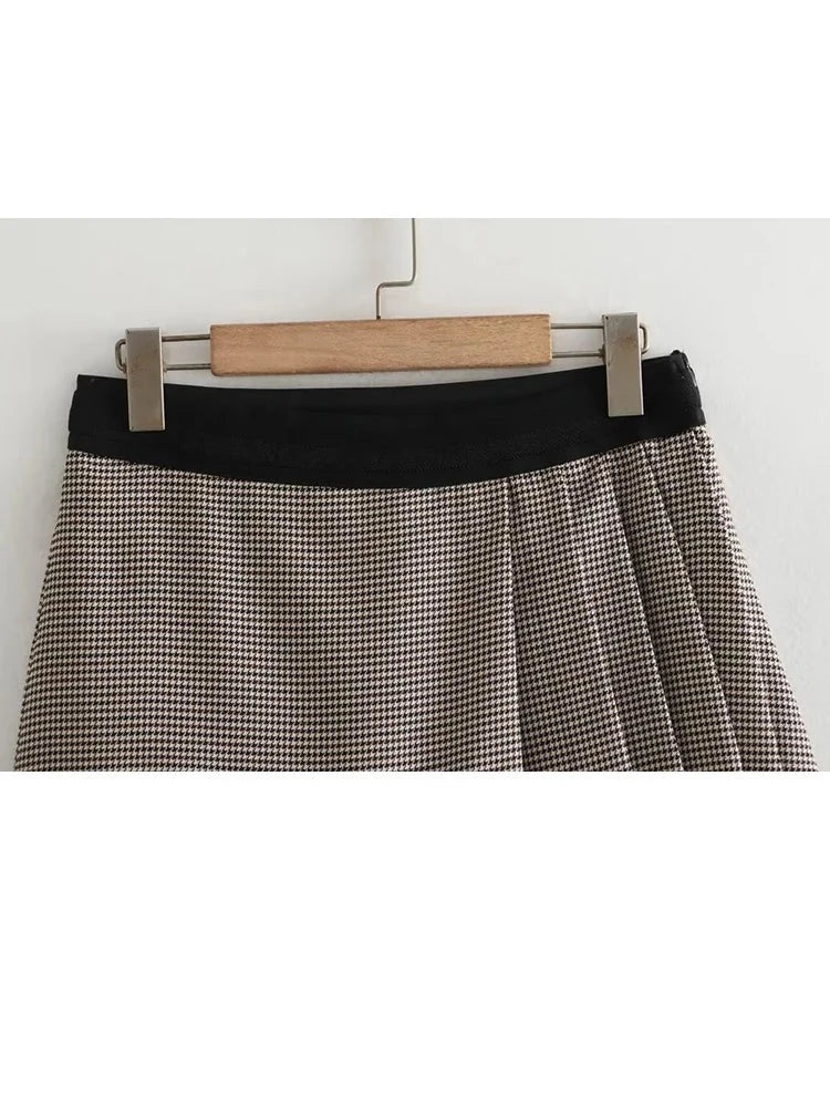 Elegant Woman Splicing High Waist Shorts Women Plaid Pleated Side Zipper Mini Skirt Shorts