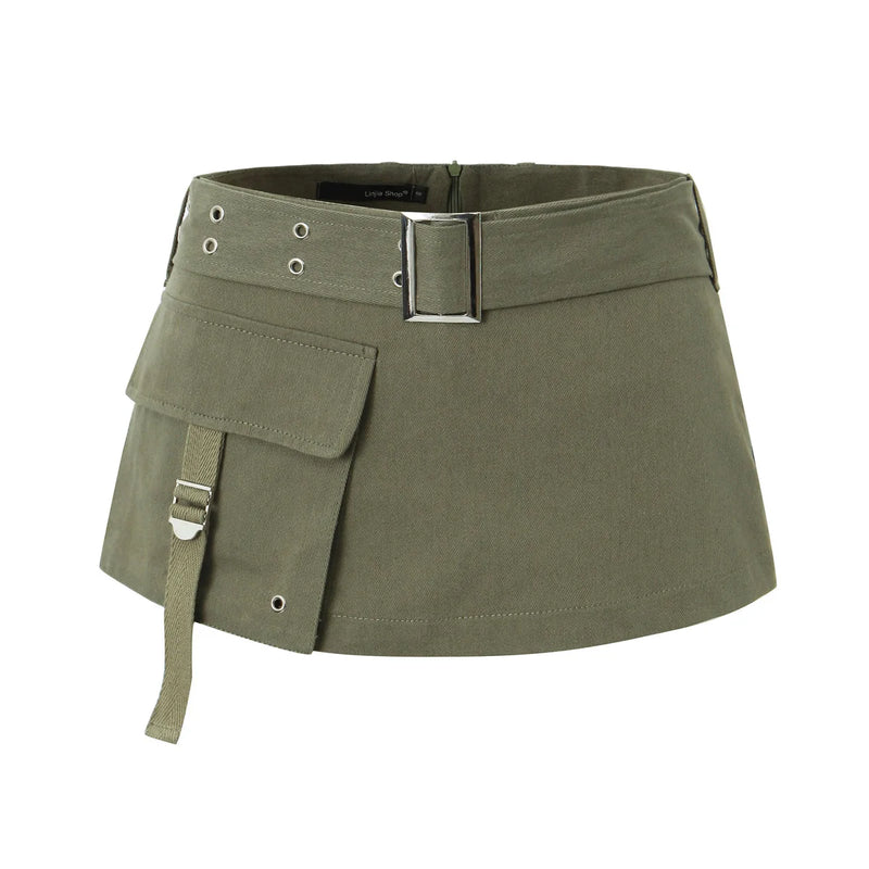 Mini Cargo Skirt Sexy Women Metal Eyelets Buckle Belt Side Double Pockets Hem Hot Skirts