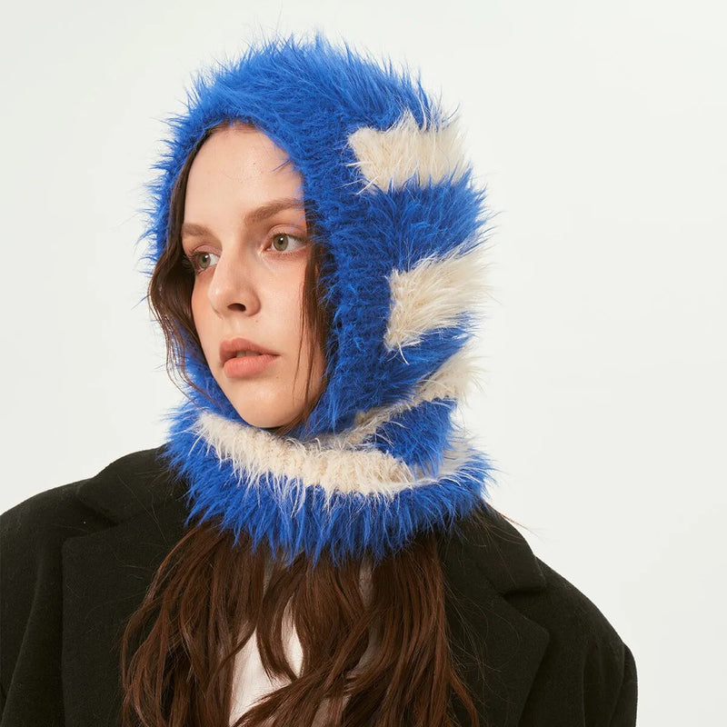 Women Winter Imitation Mink Fur Hat Unisex Knitted Hooded Caps Outdoor Warm One-Piece Neck Collar Beanies Cap