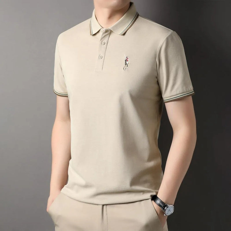 Summer Men Casual Polo-Shirt Short Sleeve Delicate Embroidery Collar Tops Breathable Comfortable