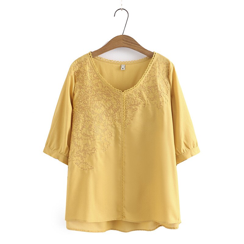 Women Summer Washed Cotton Cross Embroidery V-Neck Tees Middle Aged Tops Oversized Curve Clothes