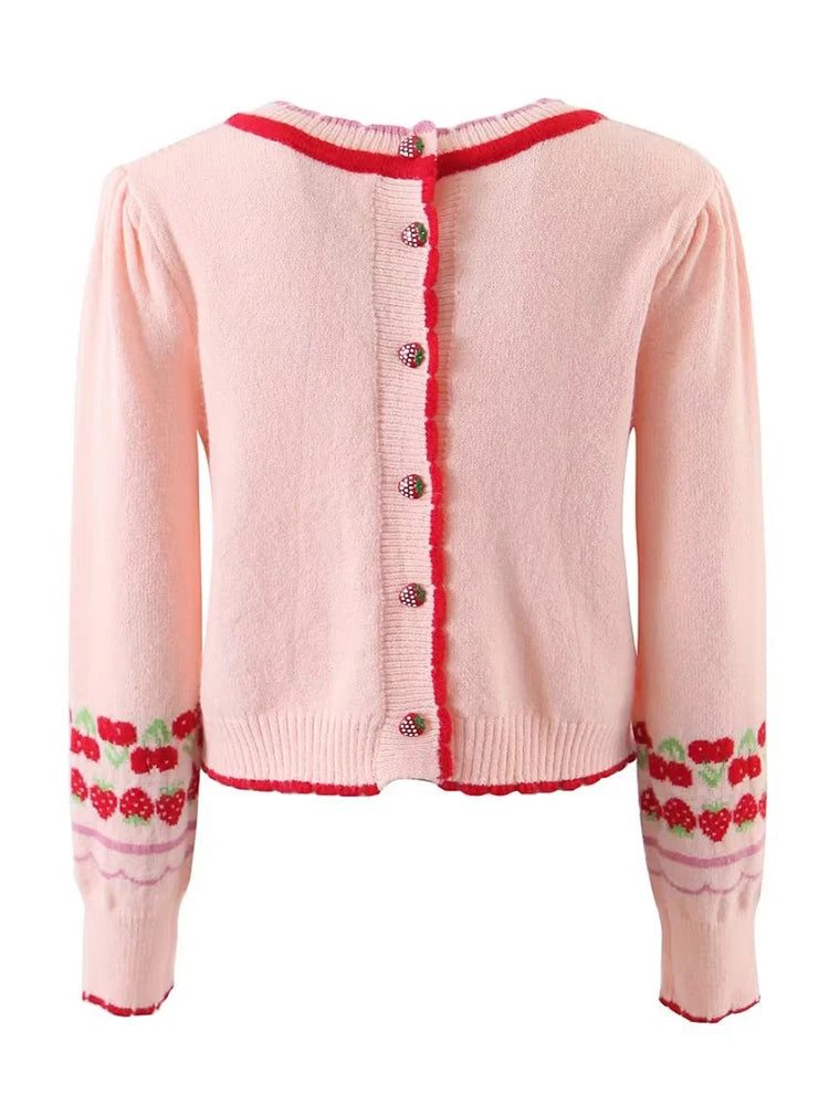 Women Sweet Pink Strawberry Cherry Thin Knit Sweater Female Crop Pullover Autumn Tops