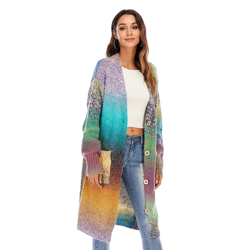 Breathable Cardigans Sweater with Pockets Women's Lightweight Rainbow Striped Loose Coat