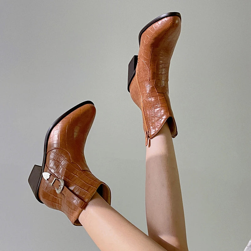 Winter Classic Chelsea Boots Woman Belt Buckle Pointy toe Wedges heel Ankle Boots Simple Comfortable Cowboy Boots