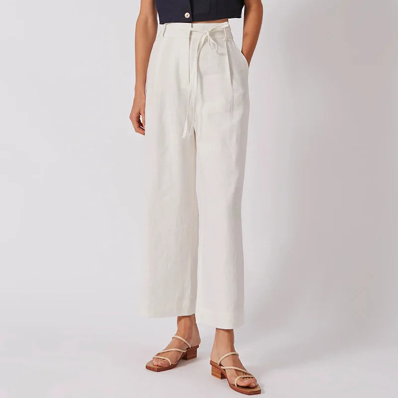 Linen Women Pants Solid High Waist Lace Up Elegant Office Lady Trouser Streetwear