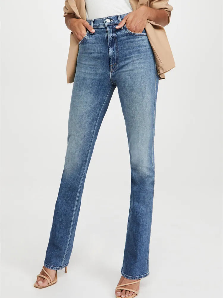 Women's Retro Straight Denim Long Pants Zipper Stretch High Waist Ladies Jeans