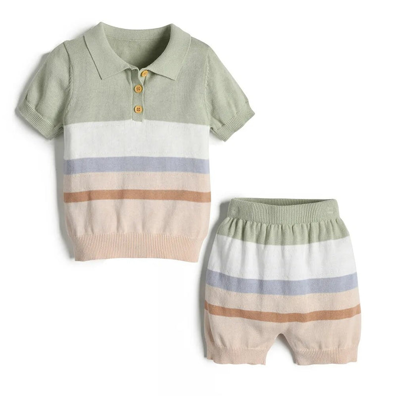 Boys Knitted Clothes Outfit Set Kids Stripes Polo Shirt Knit Pants Children Tops and Bottoms