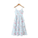 Floral Layered Spaghetti Strap Dress Women Sexy Elegant Party Dresses Chic Slit Hem Female Summer