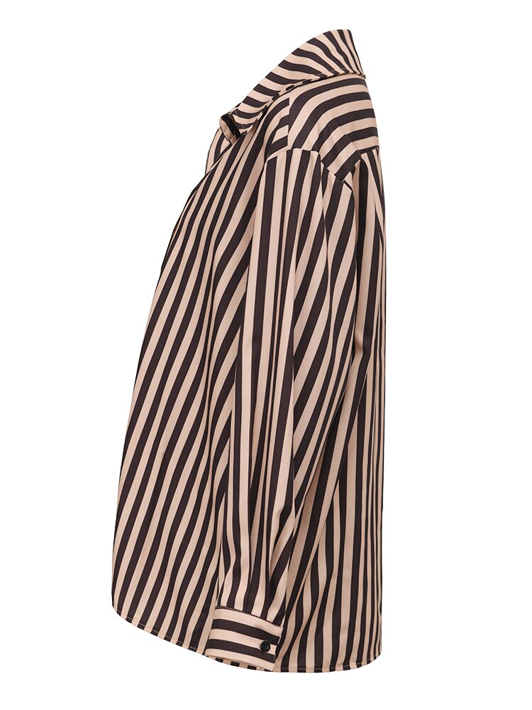 Women Khaki Striped Big Size Casual Blouse Lapel Long Sleeve Loose Fit Shirt Tide Spring Autumn