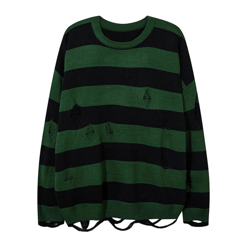 Striped Sweater Ripped Hole Streetwear Vintage Destroyed Knitted Pullovers Men Women Oversize Loose Knitwear