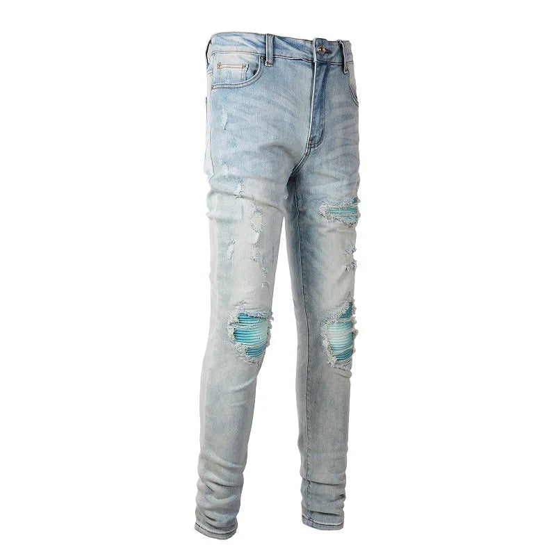 American Style High Street Light Blue Ripped Jeans Men's Pic Slim-fit Stretch Ripped Skinny Pants