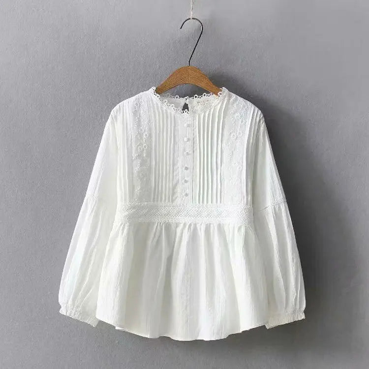Autumn Cotton Shirts Women Solid Tops Girl Single Breasted Lace Ruched Collar
