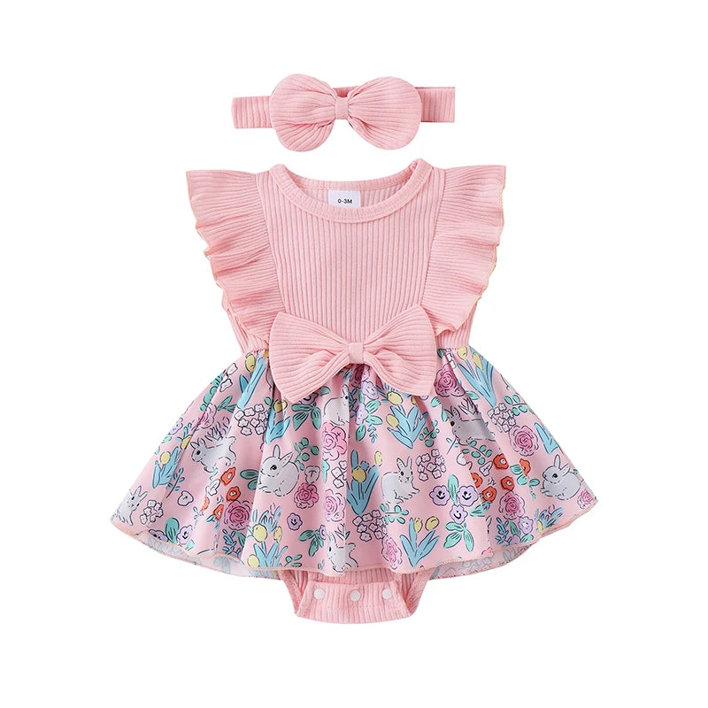 Summer Easter Infant Baby Girls Outfits Sleeveless Bunny Floral Ribbed Bodysuit Headband Clothes