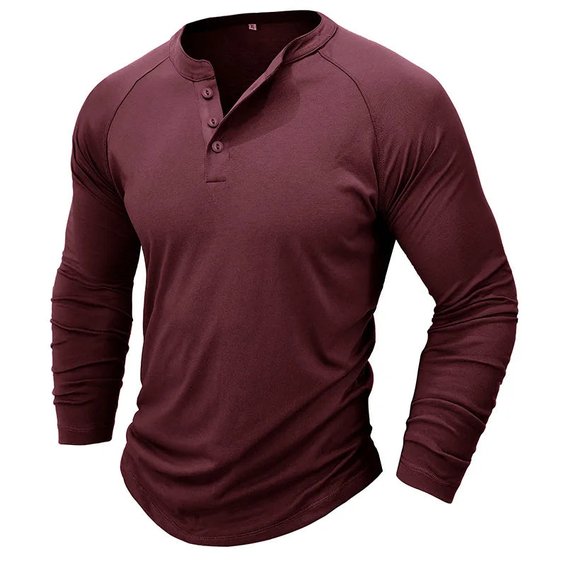 Men's Red Long Sleeve Henley T Shirts Autumn Winter Raglan Sleeve Base Clothing Classic Casual Basic