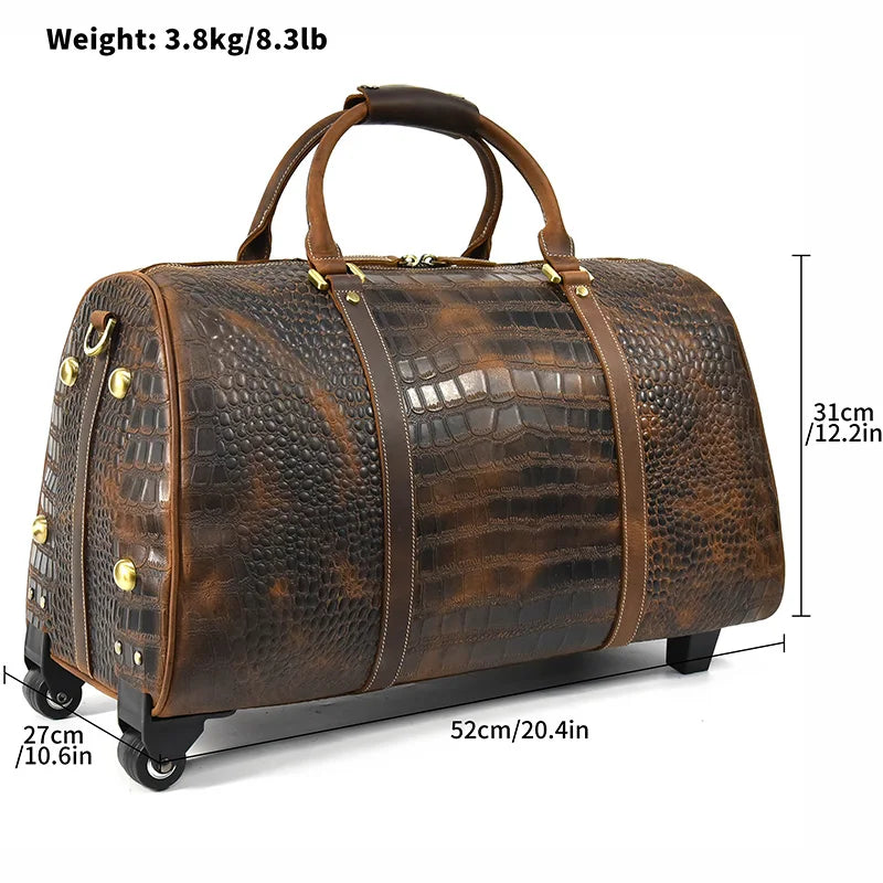 Genuine Leather Travel Duffel With Wheels Suitcases Male Business Trolley Case Big Carry On Rolling Luggage Weekend Bag