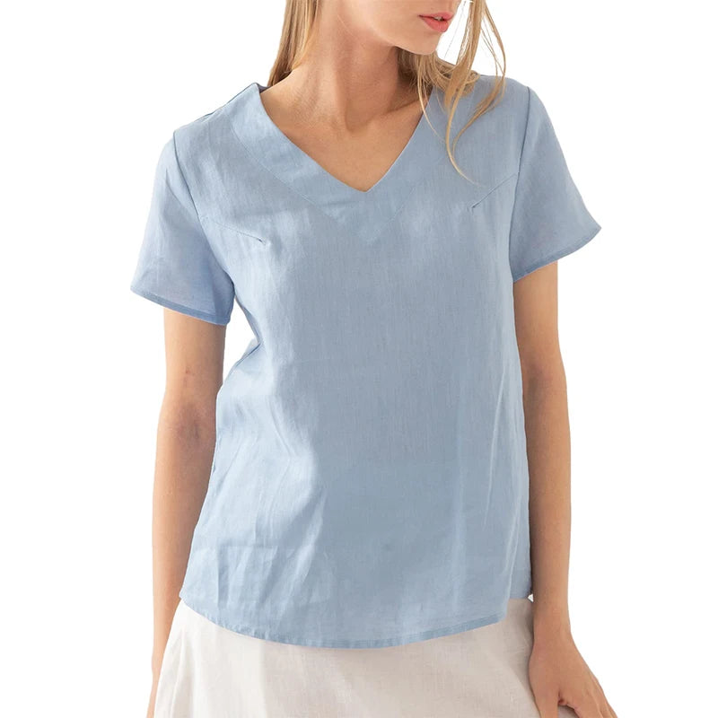 Casual Linen Oversized T-Shirt  Sexy V-Neck Short Sleeve Tee Solid Summer Top ladies