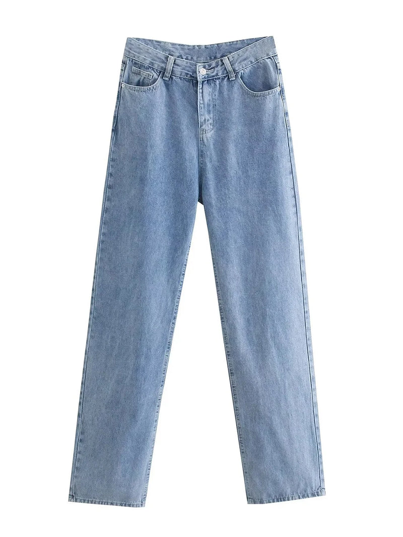 Women Denim Pants With Pocket Zipper High Waist Casual Trousers Spring Summer Female Basic Straight Jeans