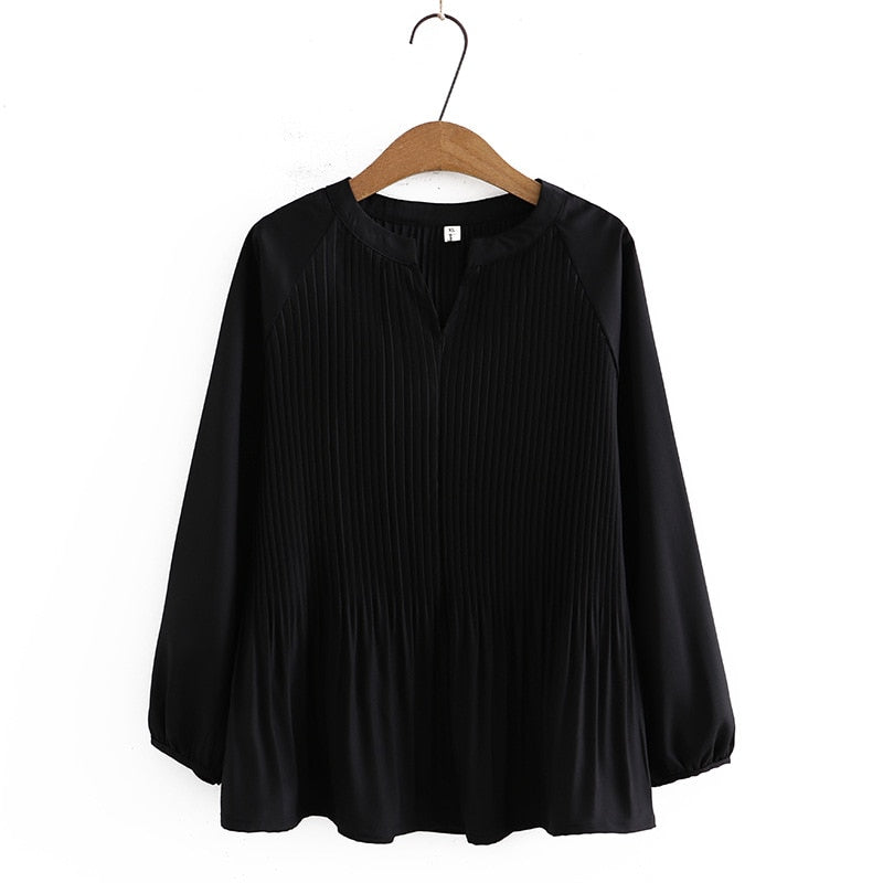 Spring Women Pleated Chiffon Blouses V Necks Long Sleeve Solid Casual Pullover Shirts Loose Tops