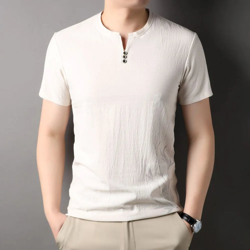 Mens Short Sleeve T-Shirt Cotton Linen Top Thin Casual Crewneck National Trendy Style Menswear Top