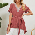 Elegant Women Shirt Lace Stitching Trim Ruffle Short Sleeve Jacquard Irregular Hem Belt Chiffon Blouses Tops Streetwear