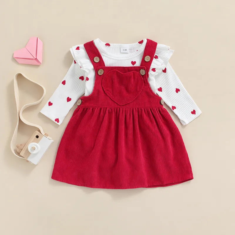 Valentine's Day Infant Baby Girl's Two-Piece Suit Heart Pattern Ruffle Long Sleeve O-Neck Romper tops Corduroy