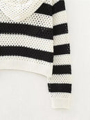 Autumn Women Vintage Striped Hooded Knit Sweater Long Sleeve Female Crop Pullover Tops