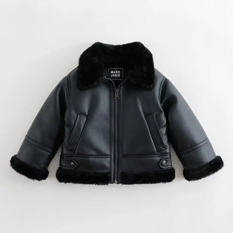 Boys Girls Faux Fur One Leather Jacket Children's Warm Coat for Winter