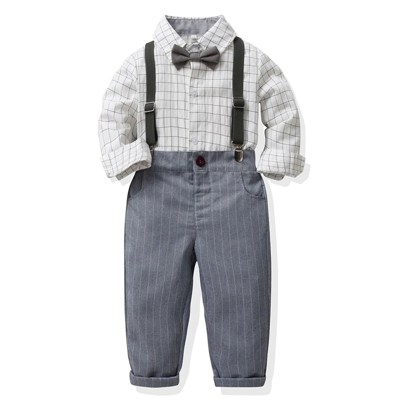 Toddler Boys Spring Fall Clothes Plaid Lapel Shirt with Striped Grey Pants Kids Party Gentleman Cotton Costume