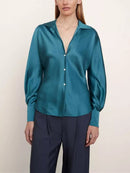 Elegant Ladies Solid Color Silk Satin Shirt Spring New Women Lantern Sleeves Single-Breasted Turn-Down Collar Blouse