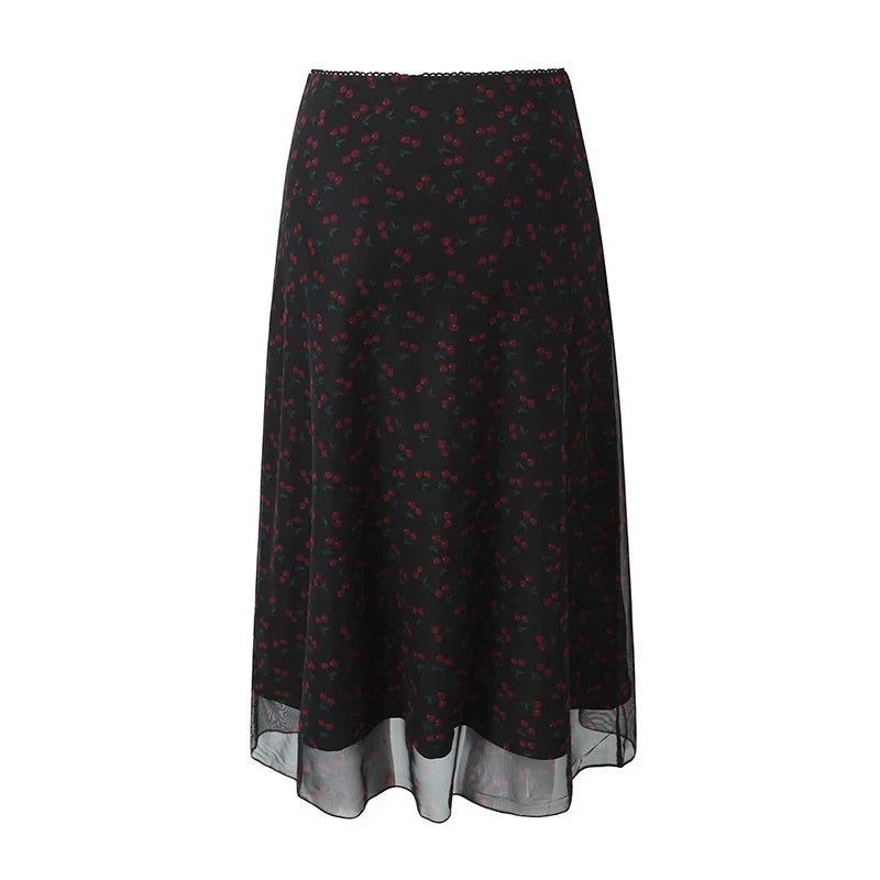 Vintage Mesh Skirts Women Elastic Low Waist Midi Summer Skirts