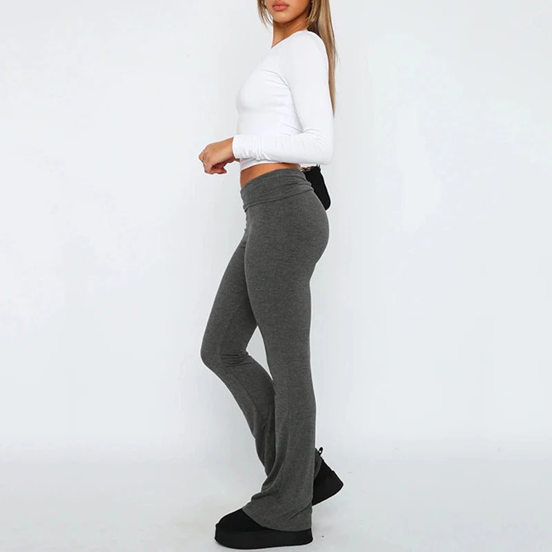 Autumn Winter Flare Pants For Women Black Casual Solid Streetwear Cotton Slim Trousers Female High Waist Long Pants