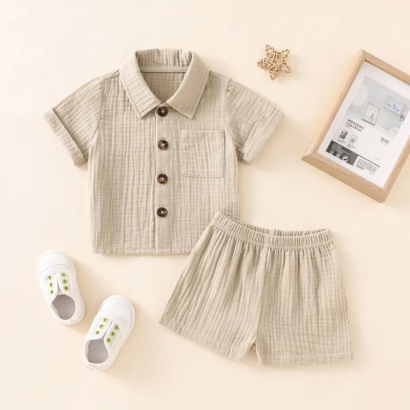 Toddler Infant Baby Boys Summer Clothes Cotton Linen Short Sleeve Button Short Sleeve T-shirts Shorts Soft Casual Outfits