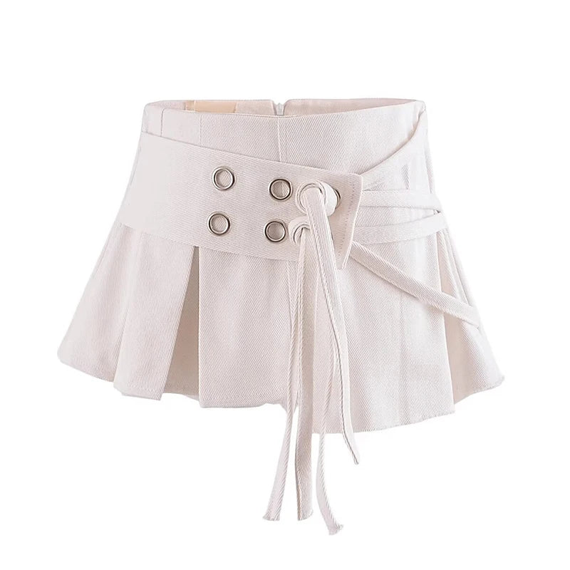 Sexy Low Waist Pleated Mini Skirt Summer Women Metal Eyelets Lacing Up Belt Fringed Hem Skirt