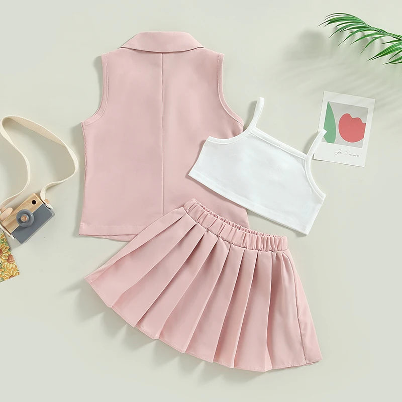 Citgeett Summer Kids Baby Girl Outfit Casual Camisole Elastic Pleated Skirt and Sleeveless Jacket Set Clothes