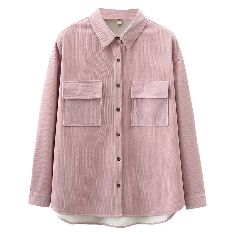 Women's Casual Style Solid Fleece-lined Shirt Autumn And Winter Loose Lapel Top
