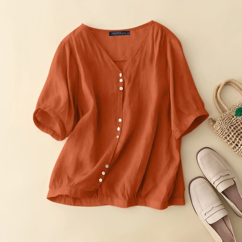 Summer Blouse Women Vintage Solid Cotton Shirt Casual Loose
