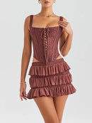 Elegant Skirt Two Piece Set For Women Sleeveless Crop Top And Mini Skirt Ladies Club Party Skirt Sets