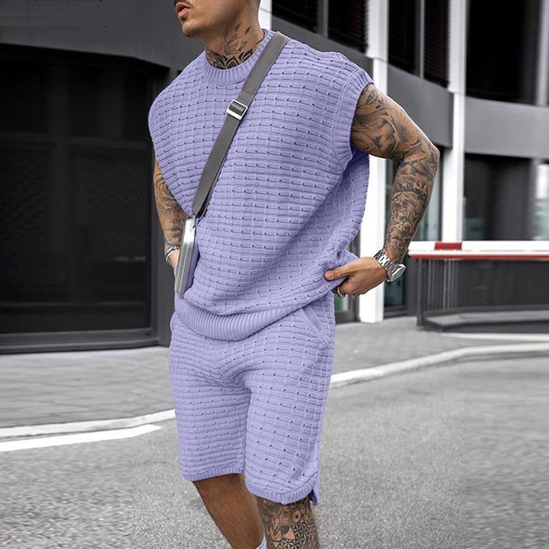 Knitted Texture Sleeveless Suits Solid Drop Shoulder Vests Shorts Two-piece