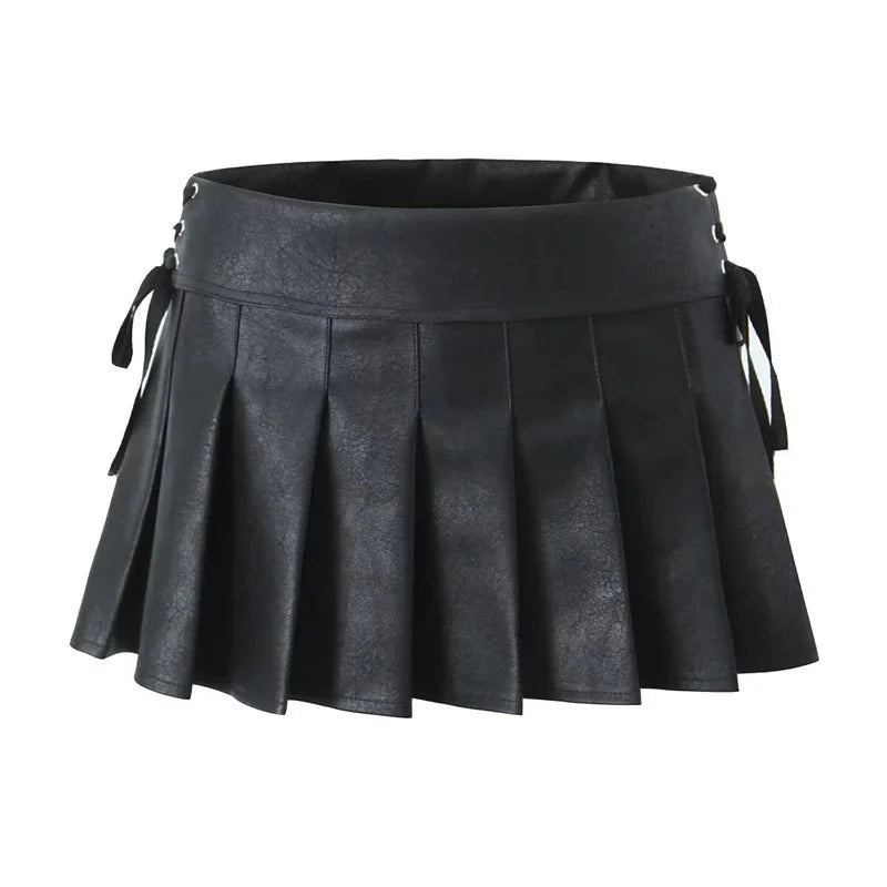 Women's Slit Lace Up Side Zipper Artificial Leather Skirt sweet Pleated Mini Skirt