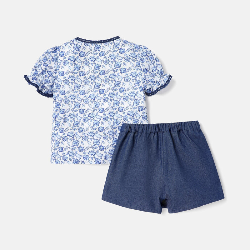 Toddler Girl Floral Puff-sleeve Tee and Pleated Denim Skirt Set