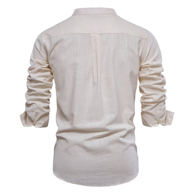 Men Cotton Linen Long Sleeve Shirt Casual Solid Breathable Top Embroidered Standing Neck Slim Fit Shirt