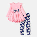 Kid Girl High Low Bowknot Design Tee and Floral Leggings Set