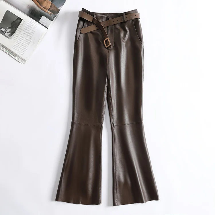 Leather Pants for Women High Waist Flared Pants Style Trousers Belt Black Pants Streetwear