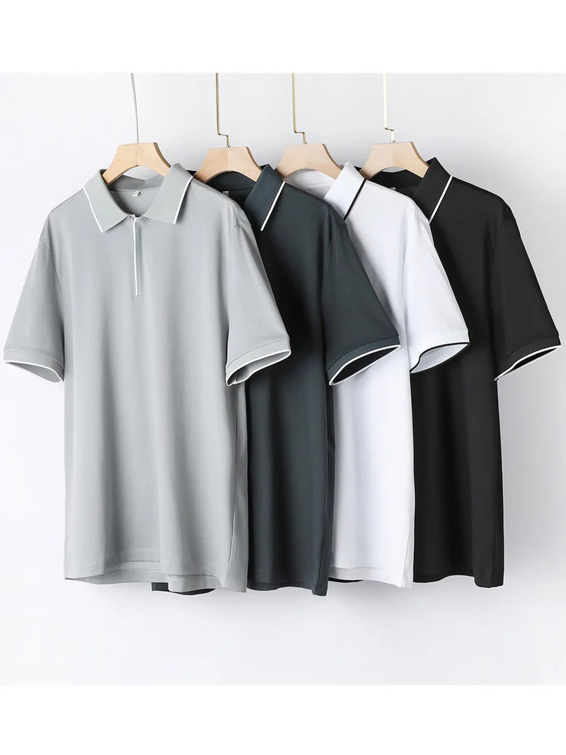 Men Polo Shirt Silk Cotton Blend Short Sleeve Chic Smart Casual T Shirts Spring Summer Top